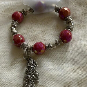 Pink and Metallic Beads Charm Stretch Bracelet
